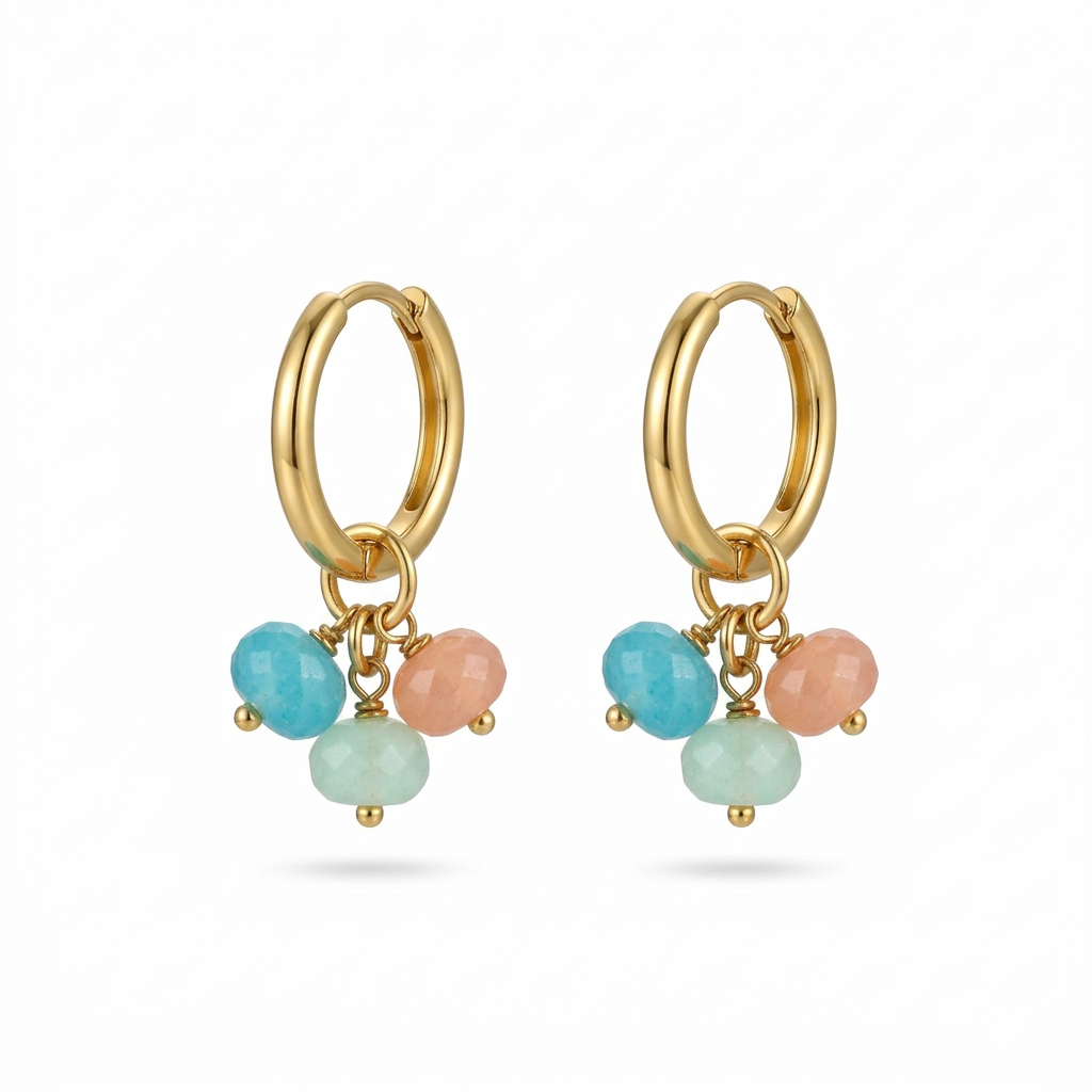 Argolas Treviso de aço com jade facetado, com jade turquesa e coral, em fundo branco