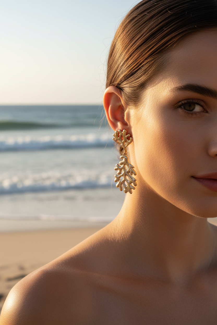 Brincos Coral de aço inoxidável, usados por modelo junto ao mar