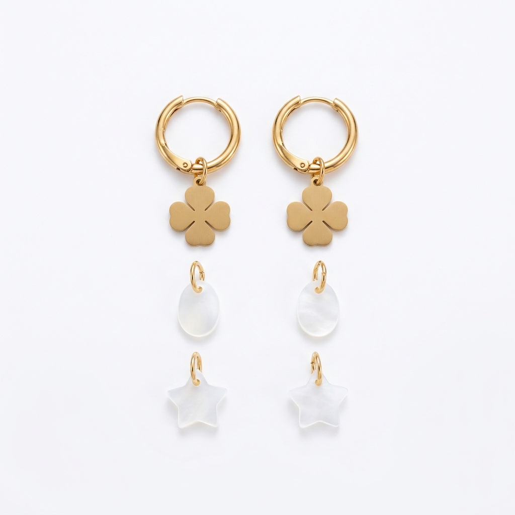 Caixa Dreamy com argolas de aço e pendentes, argolas com pendentes, em fundo branco