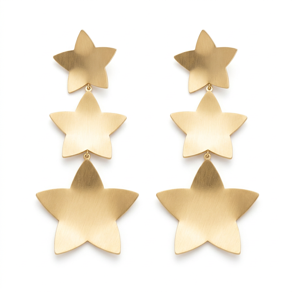 Brincos Elora de aço escovado com três estrelas, em fundo branco