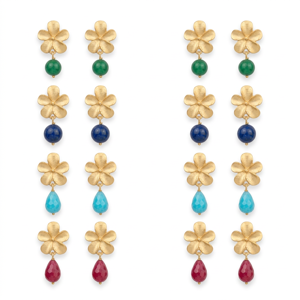 Brincos Flower dourados com pedra semipreciosa, várias cores em fundo branco