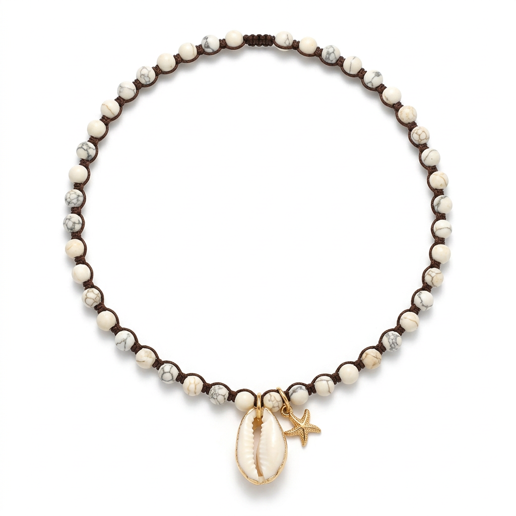 Colar Bacio di Mare de howlite com concha, em fundo branco