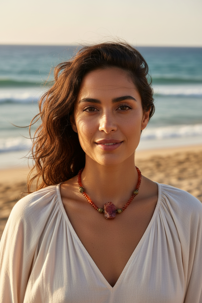 Colar Cornalina Tribal com bronze, usado por modelo na praia, de frente