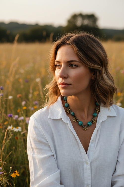 Colar de turquesa e borboletas em modelo no campo