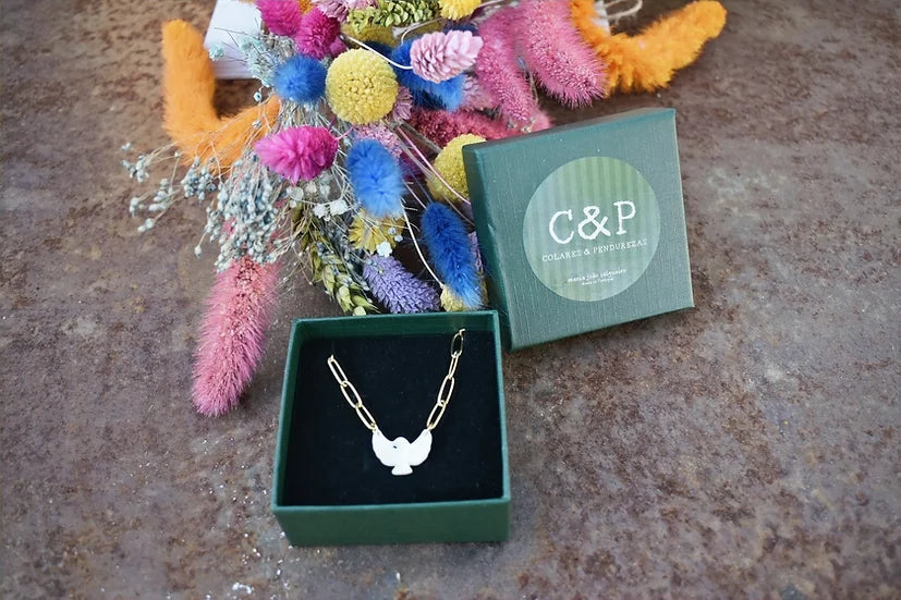 Colar Espírito Santo de aço e madrepérola, na caixa de oferta, com flores secas