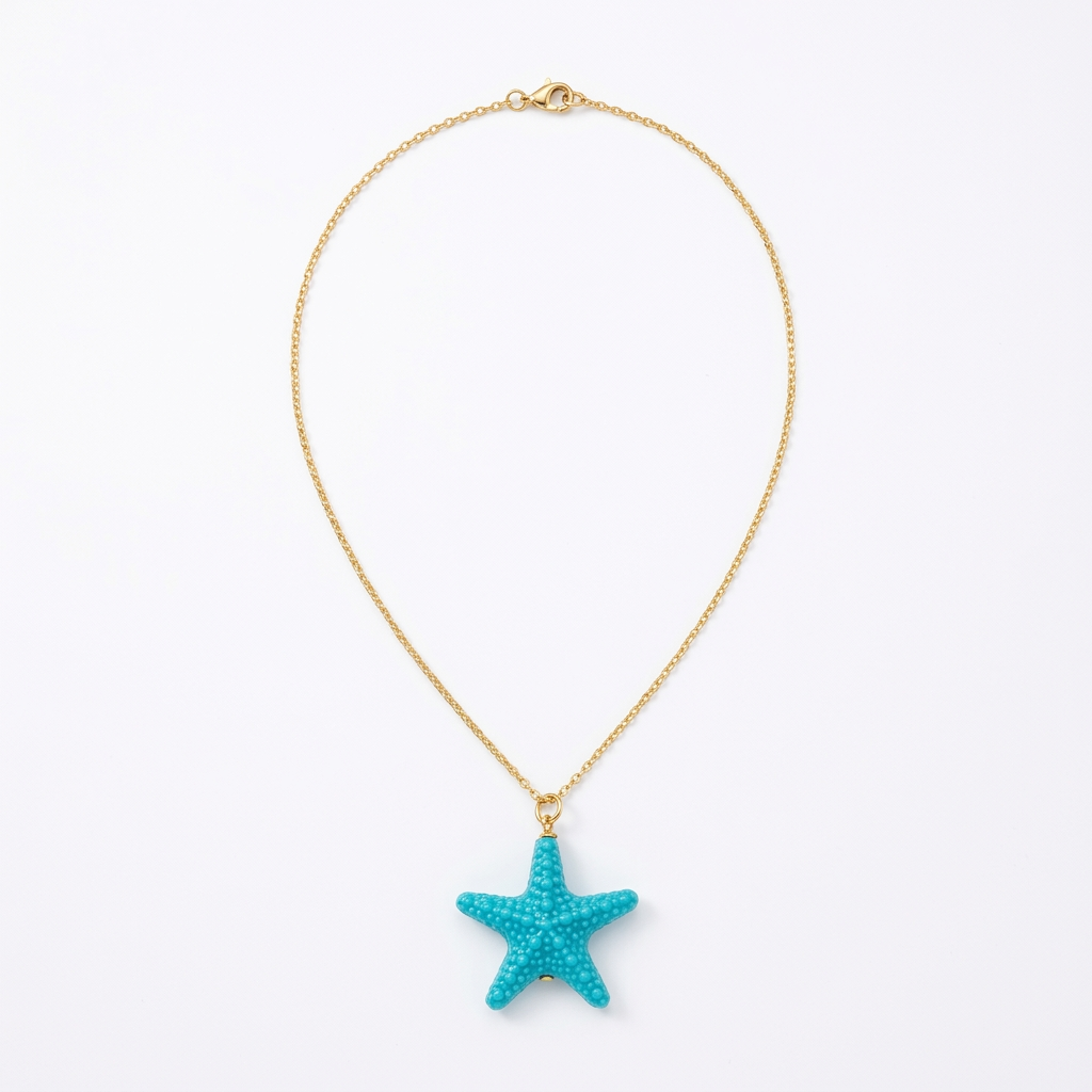 Estrela do Mar de resina, colar com estrela turquesa, em fundo branco