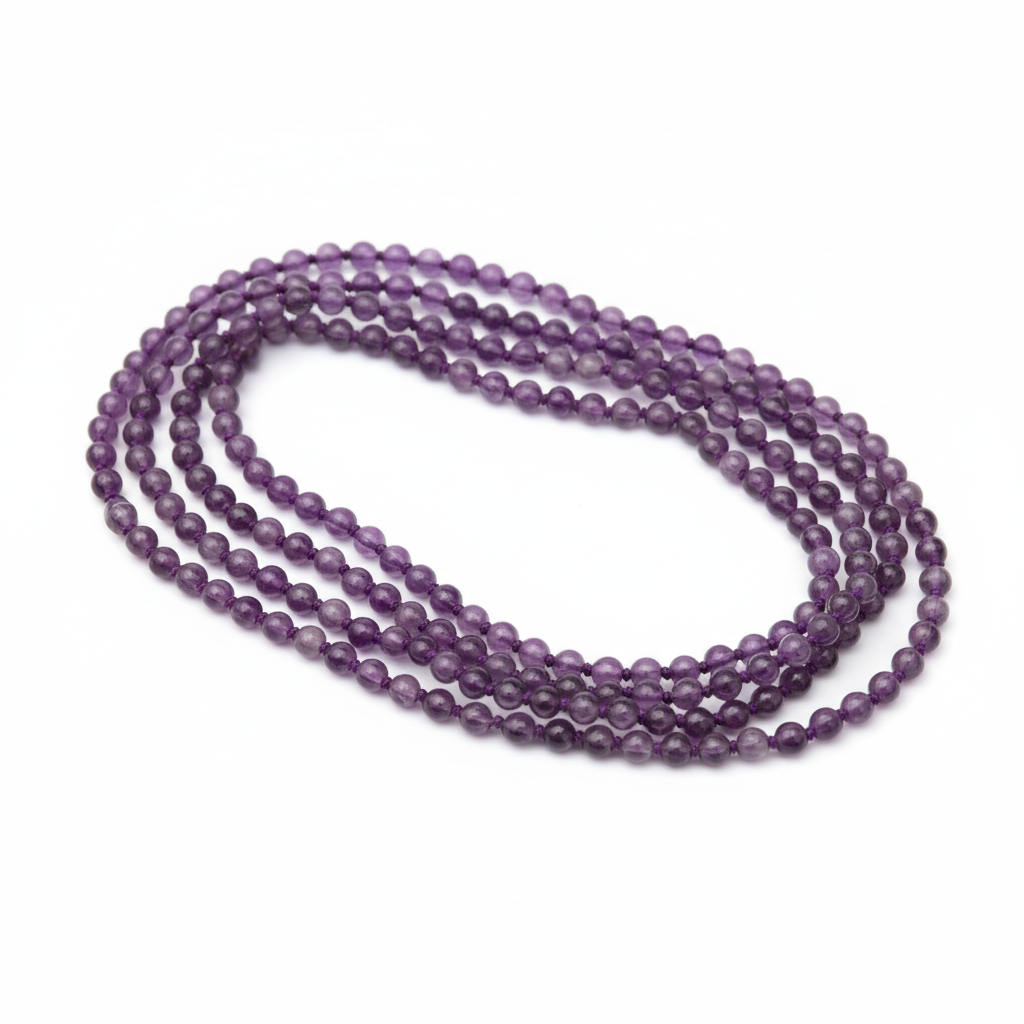 Colar Infinity de ágatas em fio de seda, ametista roxa, enrolado, em fundo branco