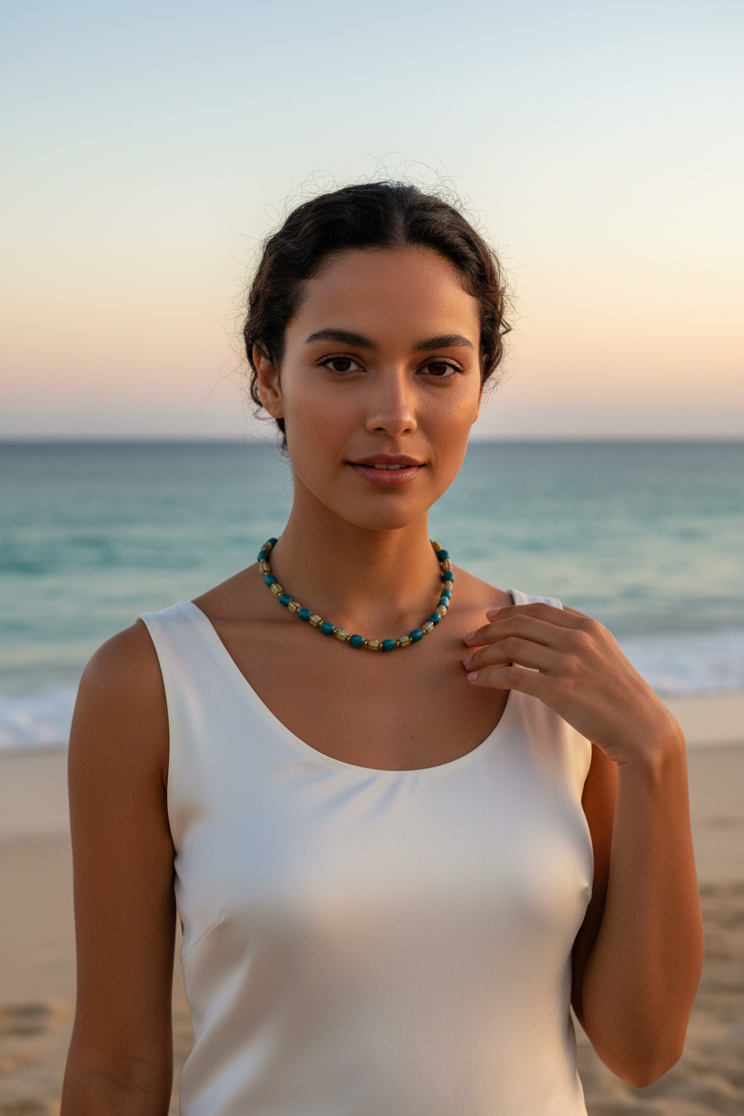 Colar Mediterrâneo de contas de vidro, azul e dourado, usado por modelo na praia