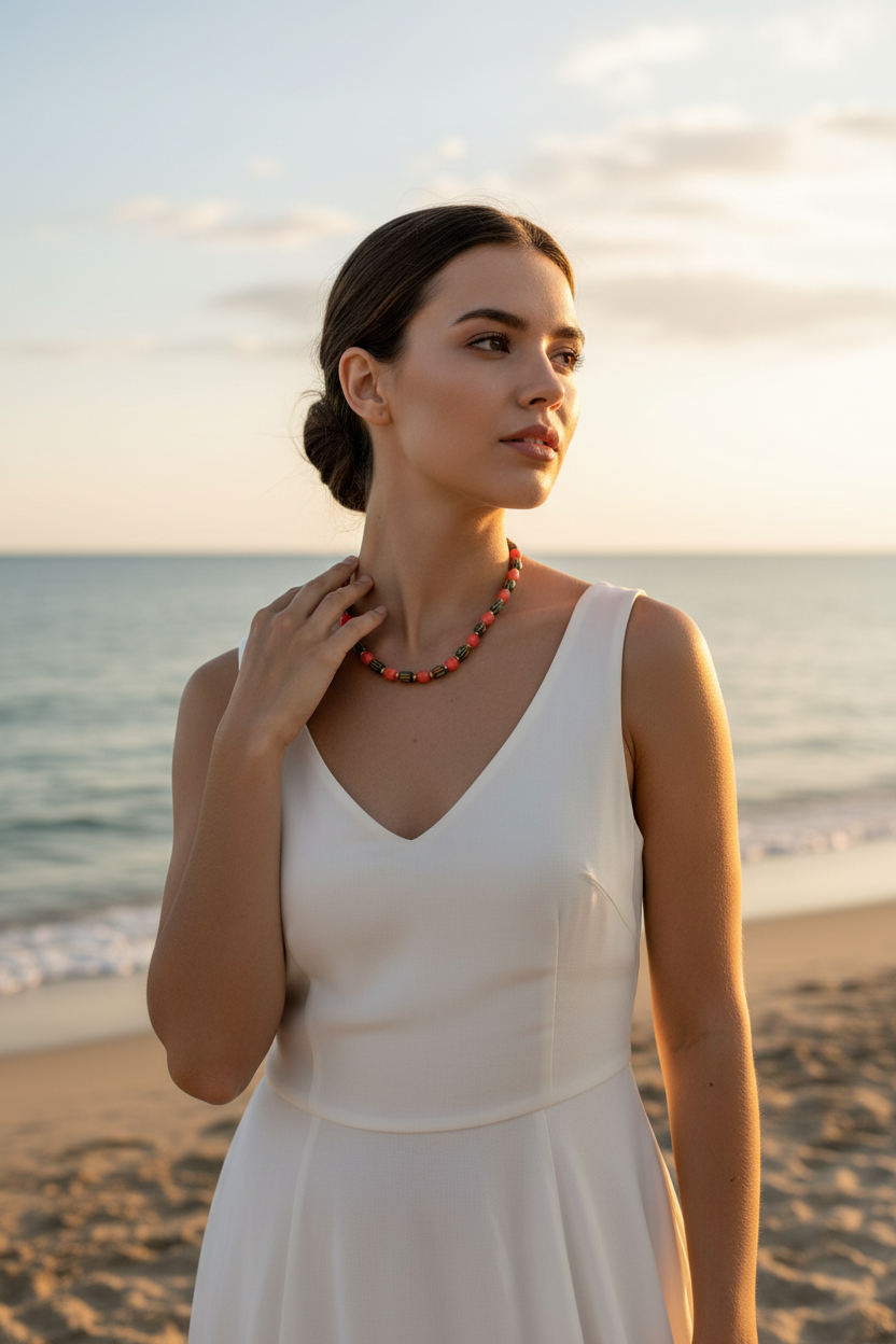 Colar Mediterrâneo de contas de vidro, coral e bronze, usado por modelo na praia