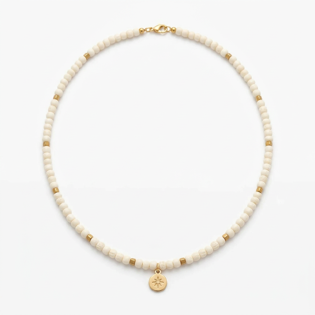 Colar Mónica de howlite com medalha, em fundo branco