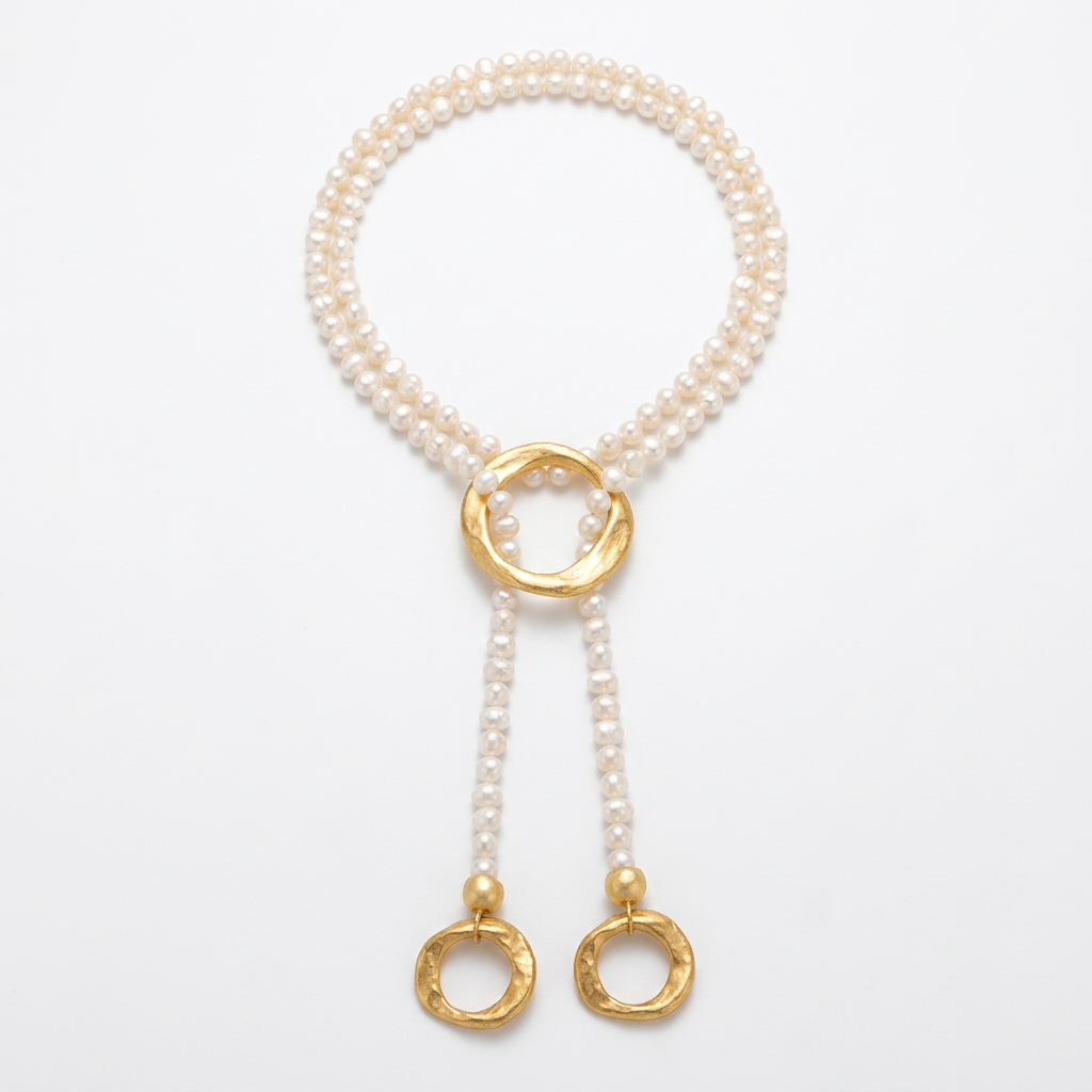 Colar Nina de pérolas com argolas douradas, em fundo branco