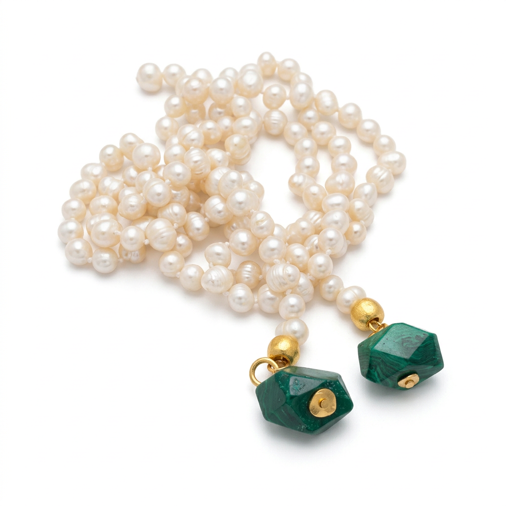 Colar Nina de pérolas com ágata verde, em fundo branco