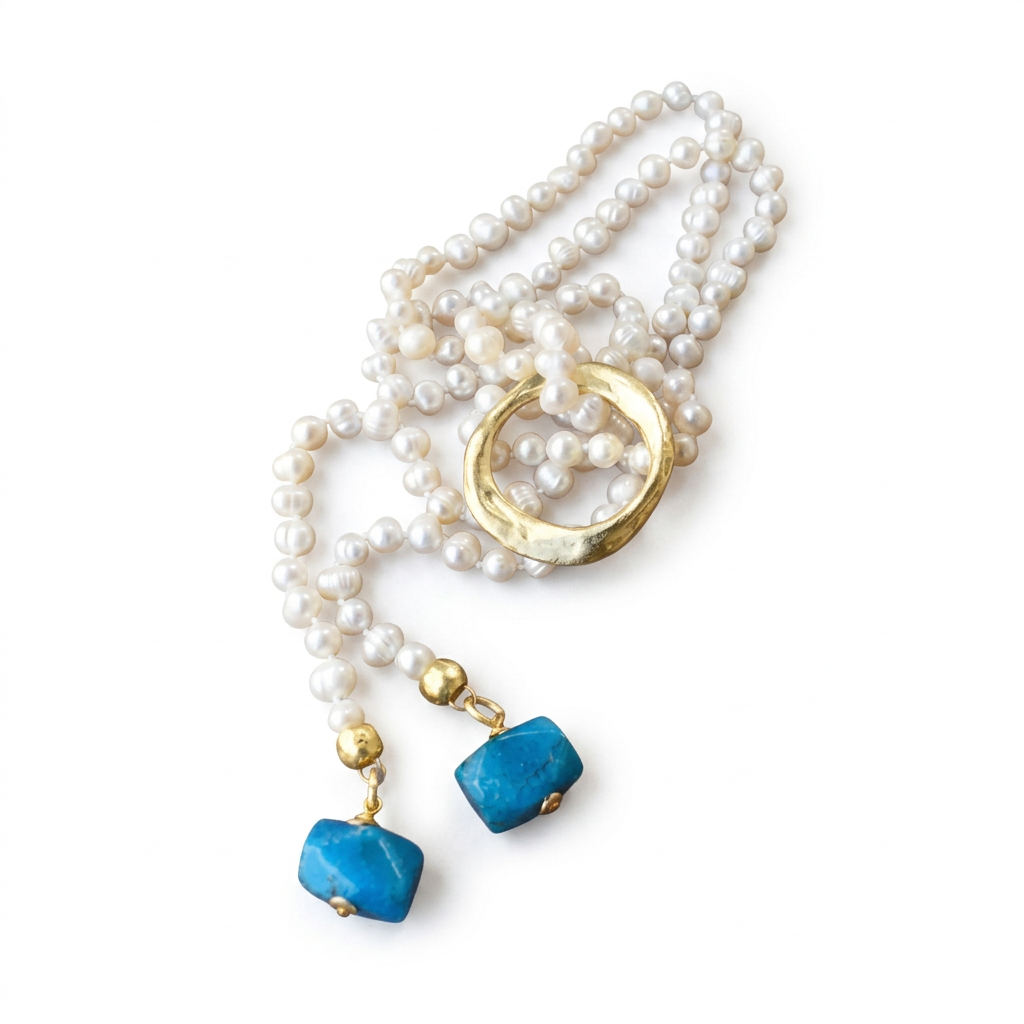 Colar Nina de pérolas com ágata azul, em fundo branco