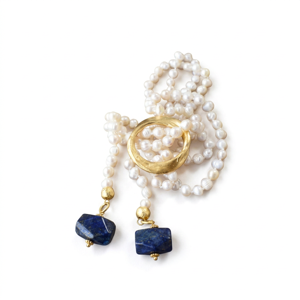 Colar Nina de pérolas com lápis-lazúli, em fundo branco