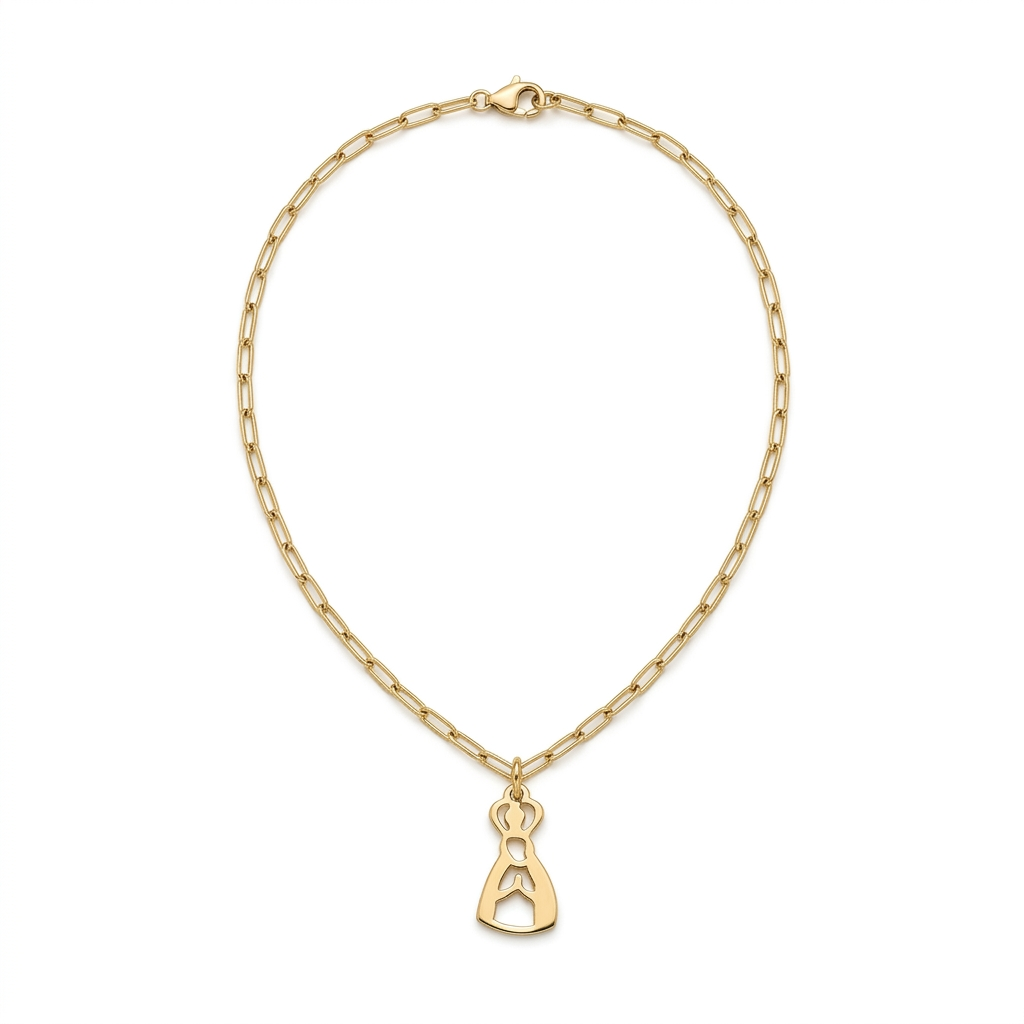 Colar Nossa Senhora de Fátima dourado em fundo branco