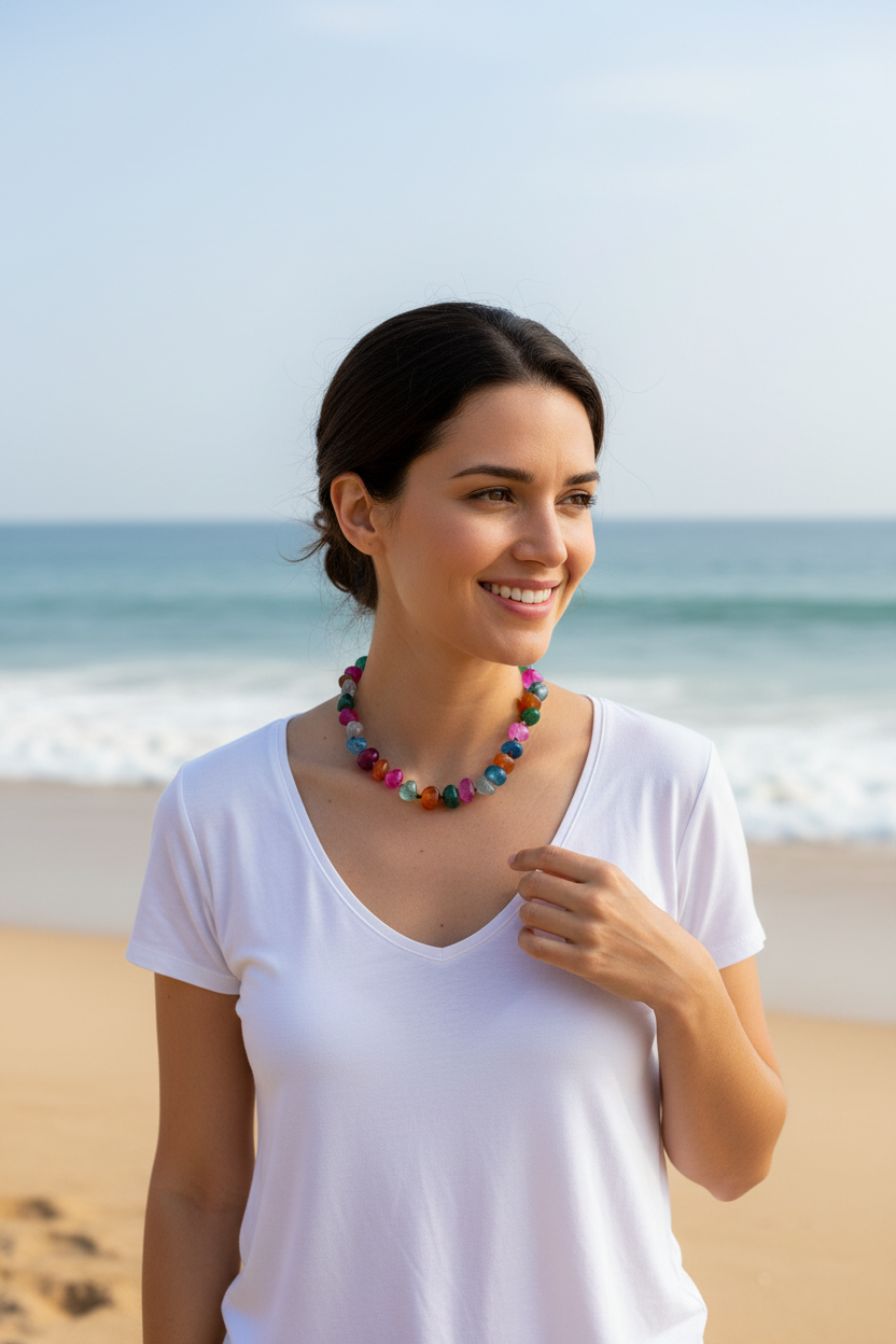 Colar Rainbow de ágatas, usado por modelo na praia