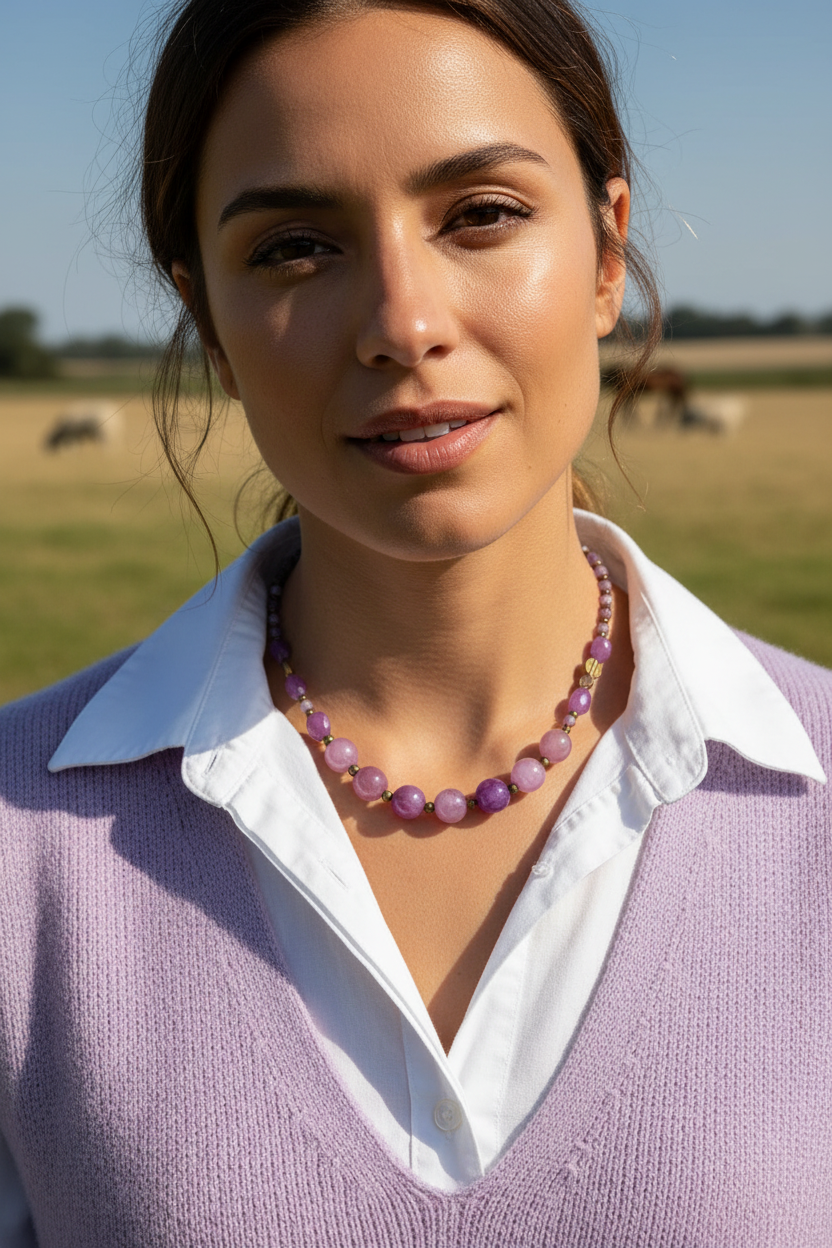 Colar roxo em modelo com camisa branca e colete lilás no campo