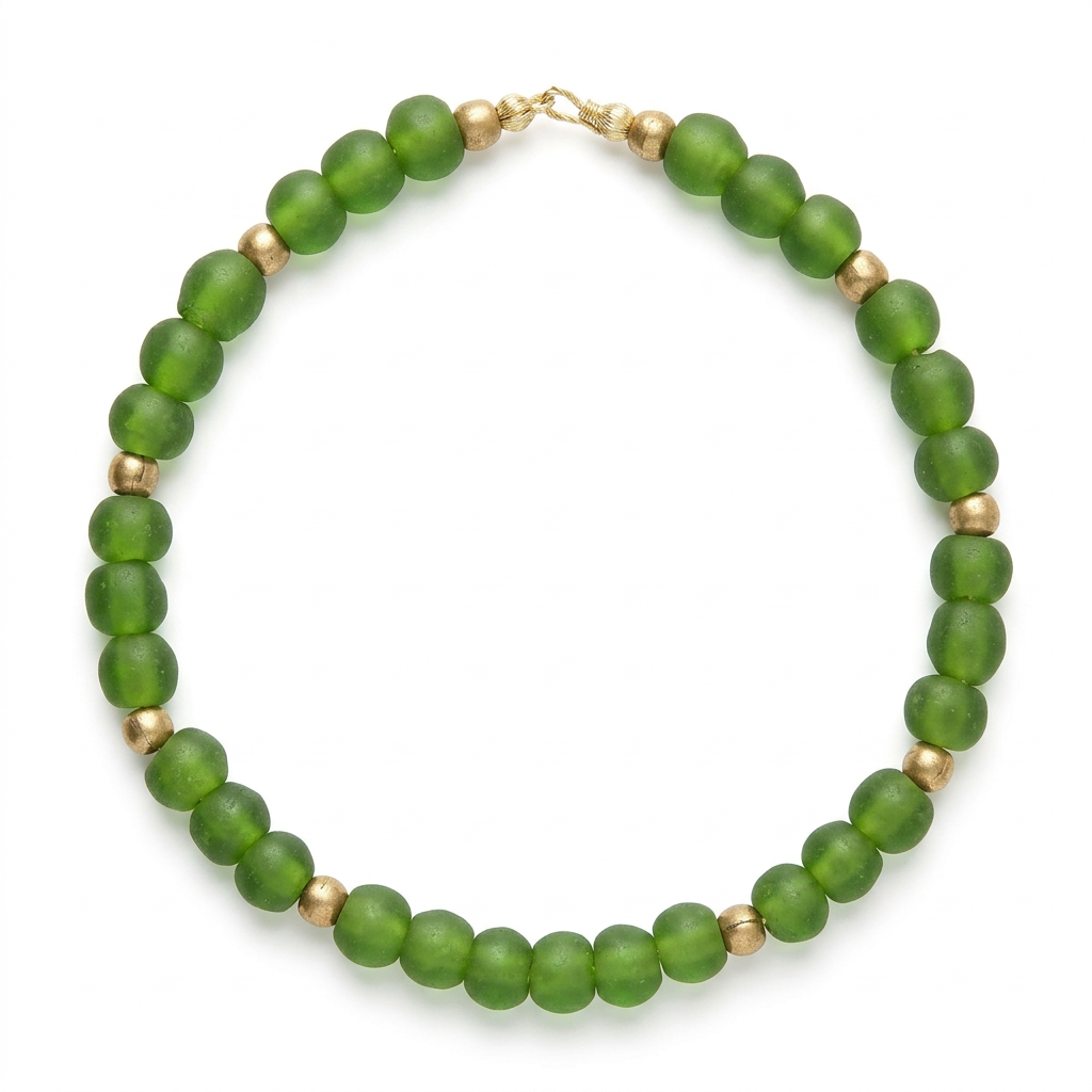 Colar de vidro reciclado e bronze, verde, em fundo branco