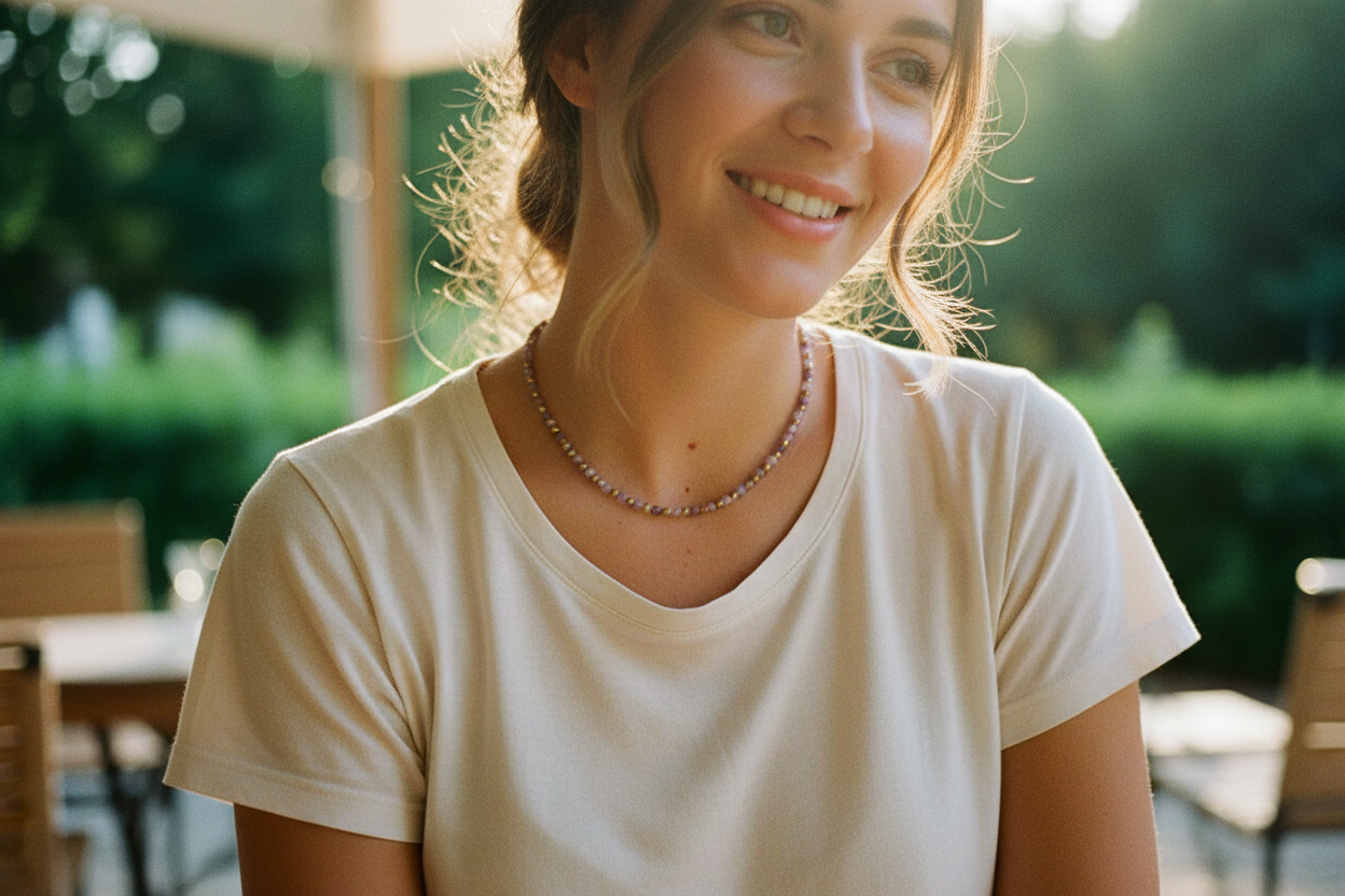 Colar Zen Nuvem Lilás em modelo