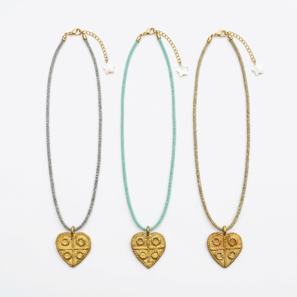 Colar Milano I de malha metálica com coração de bronze, três cores com pendente de coração, em fundo branco
