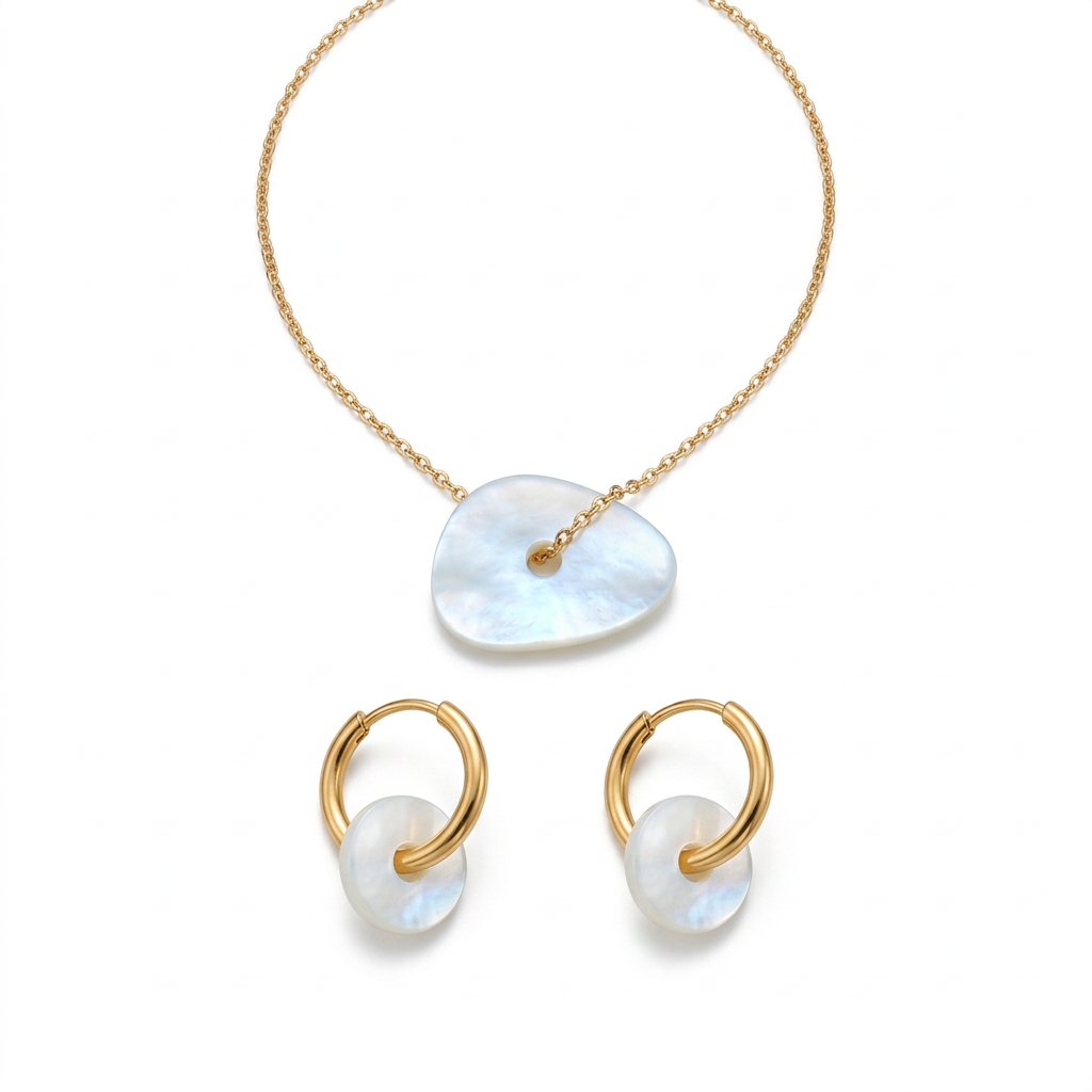 Conjunto Roma de aço com madrepérola, colar e argolas em fundo branco