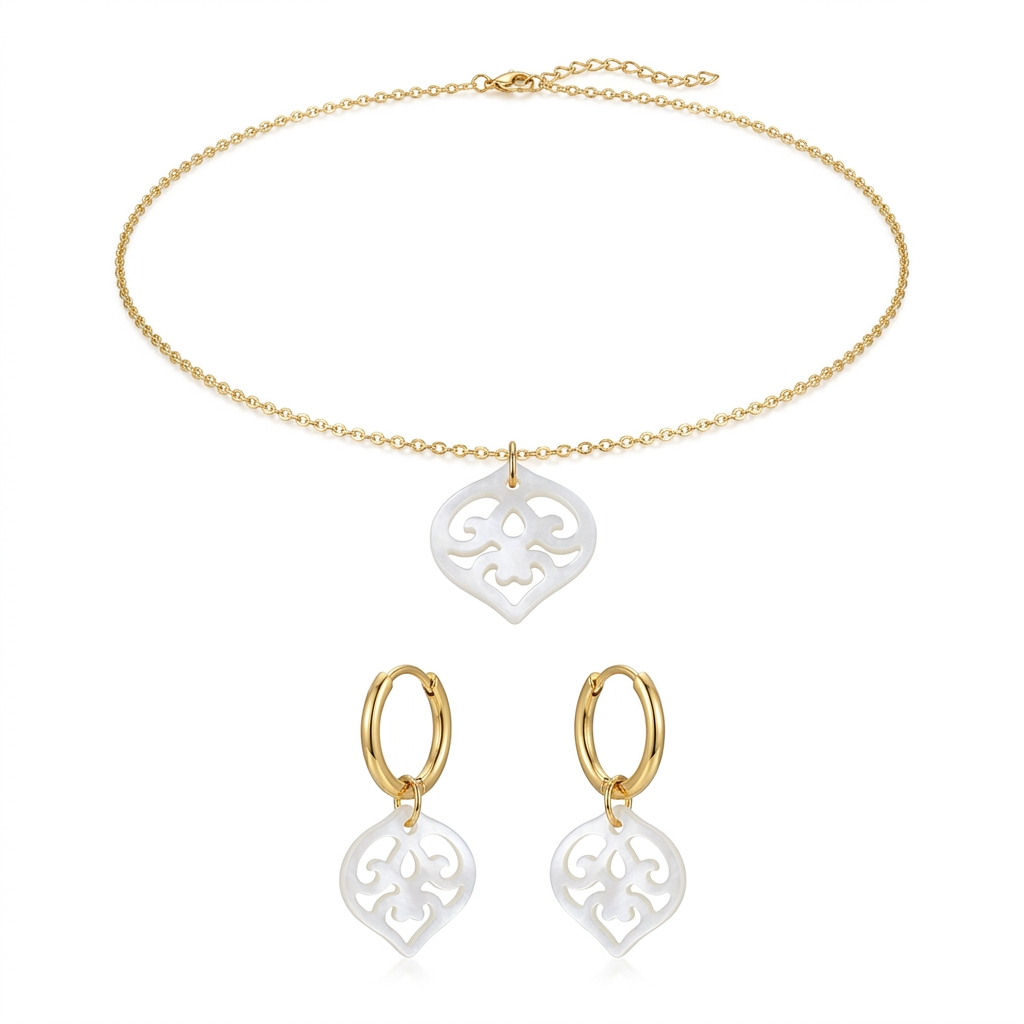 Conjunto Willa de colar e brincos, colar e brincos em fundo branco