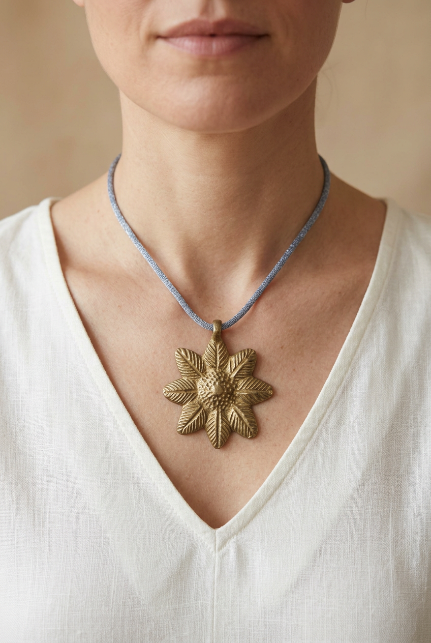 Modelo com Colar Flor Bronze, imagem gerada por IA