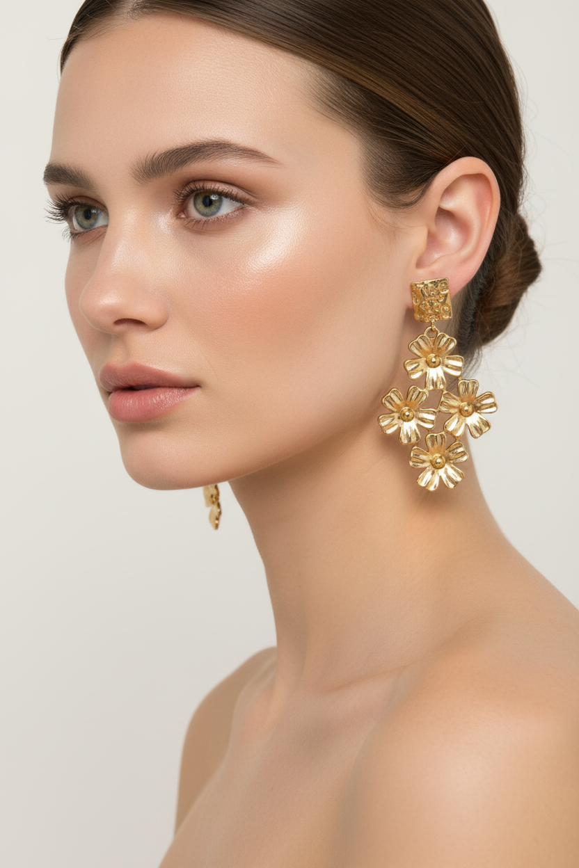 Modelo a usar brincos dourados pequenos com flores