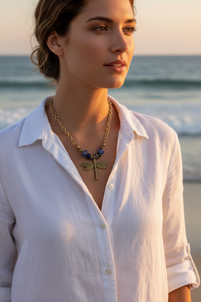 Modelo com colar de libélula e camisa branca