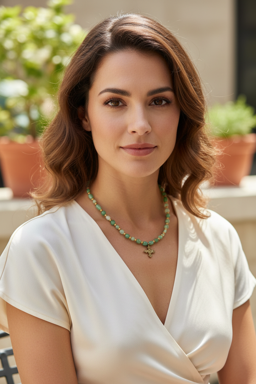 Modelo com colar de pedras verdes e pendente abelha