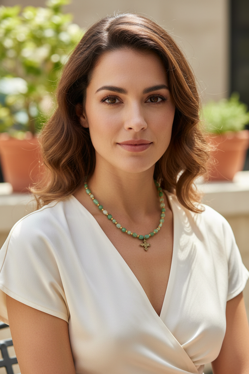 Modelo com colar de pedras verdes e pendente abelha